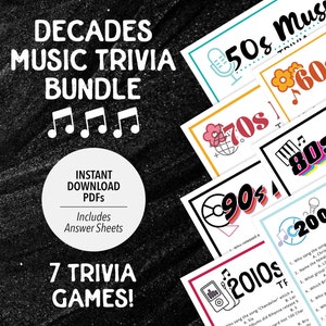 Decades Music Trivia Bundle | Trivia Bundle | Decades Music Trivia Game | Printable Decades Trivia | 50s 60s 70s 80s 90s 2000s 2010s Music
