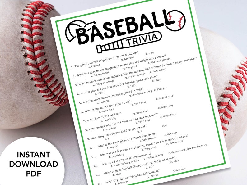 Baseball Trivia Printable Baseball Trivia Game Baseball - Etsy