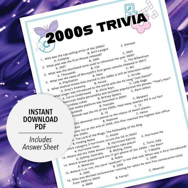 2000s Trivia | 2000s Trivia Game | Printable 2000s Trivia | 2000's Party Trivia Game | Printable Trivia | Decades Trivia | 00s Trivia