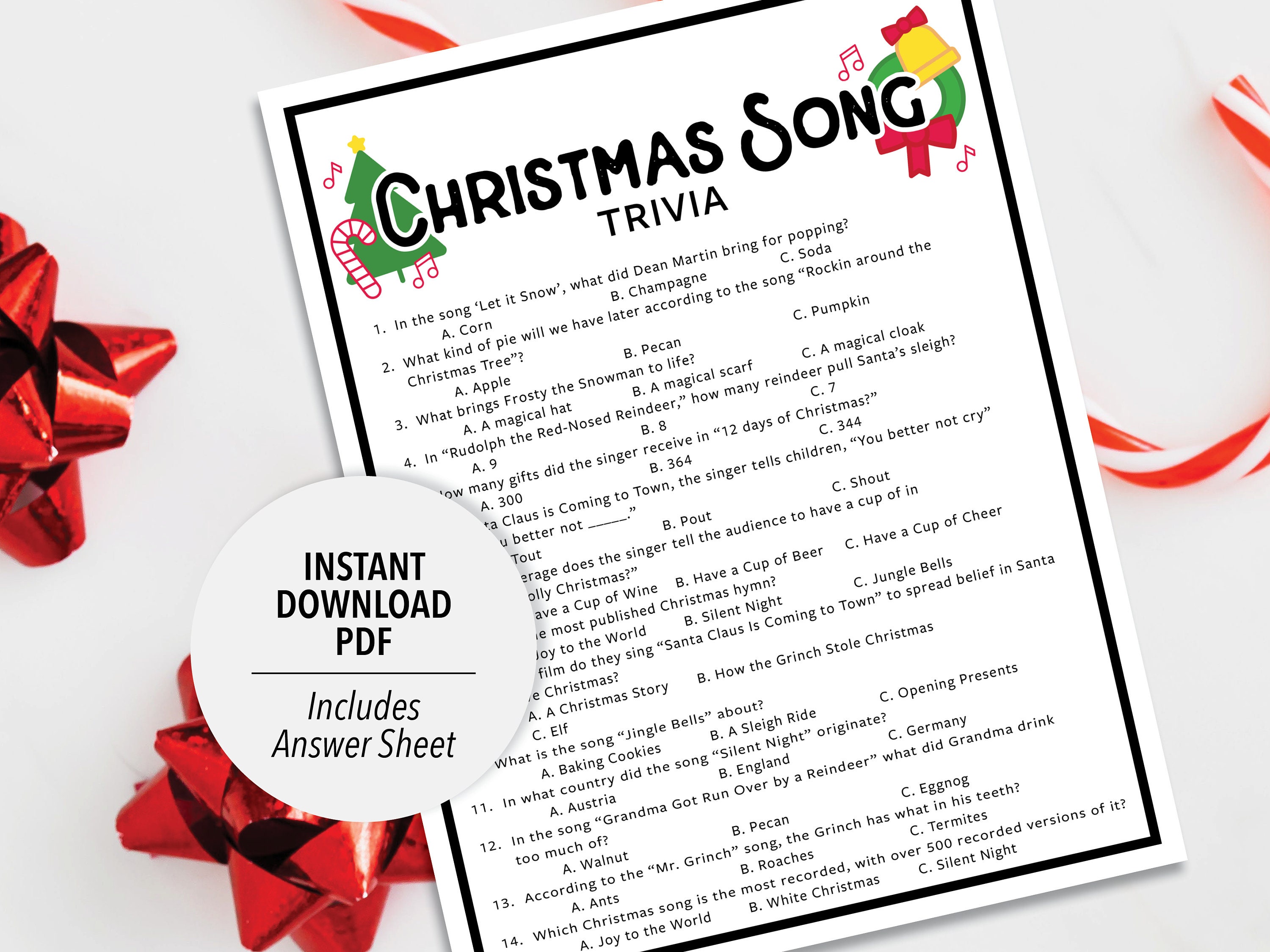 Christmas Song Trivia Game | Christmas Songs Printable Trivia | Holiday Trivia | Winter Trivia | Christmas Trivia | Music Trivia | December
