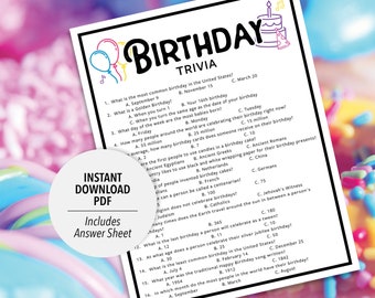 Birthday Trivia | Birthday Trivia Game | Printable Birthday Trivia | Birthday Theme Party Trivia Game | Birthday Questions & Answers