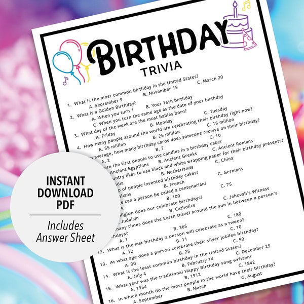 Birthday Trivia | Birthday Trivia Game | Printable Birthday Trivia | Birthday Theme Party Trivia Game | Birthday Questions & Answers