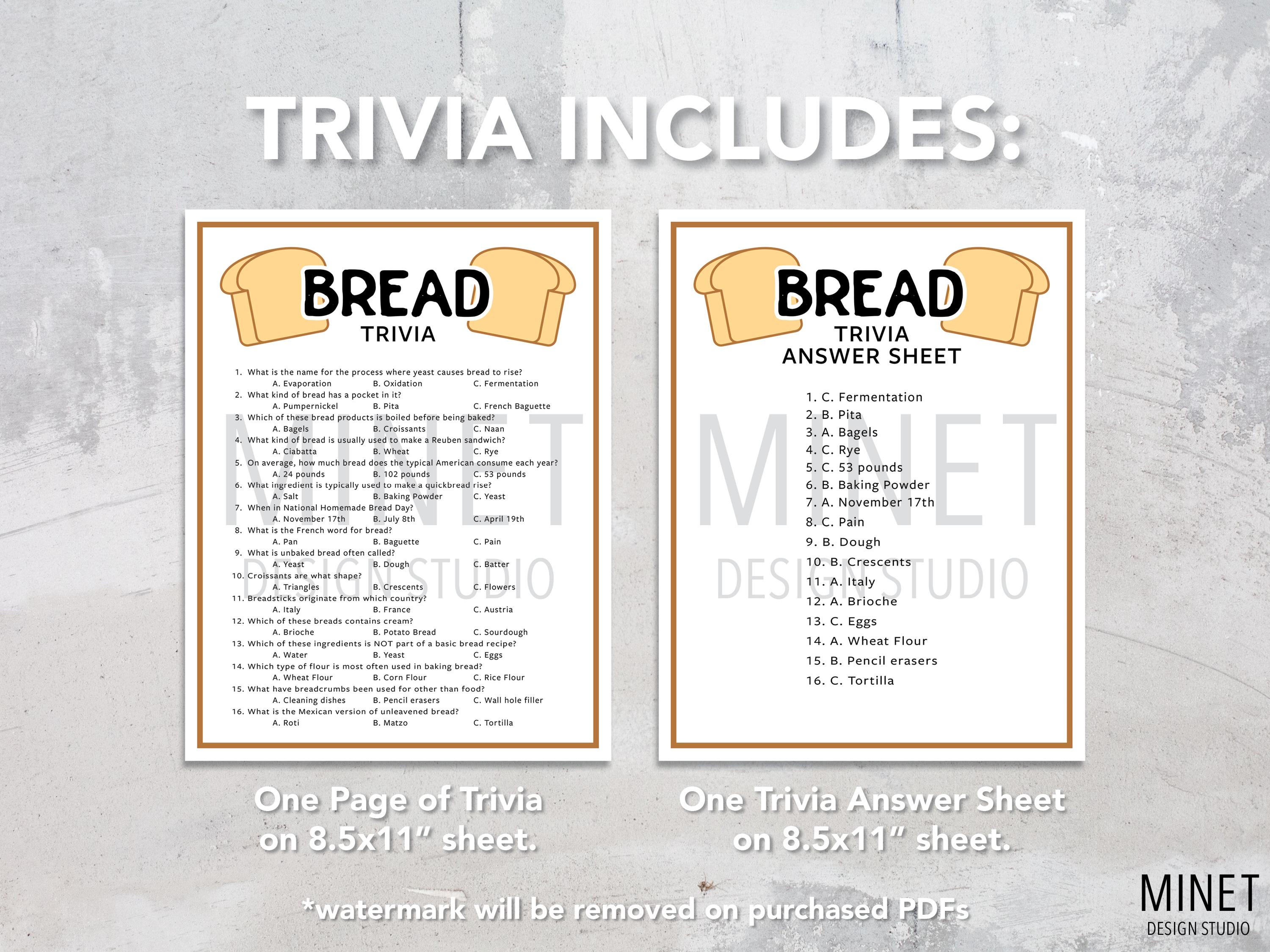 Bread Trivia Game | Bread Quiz (printable PDF Download) - Etsy