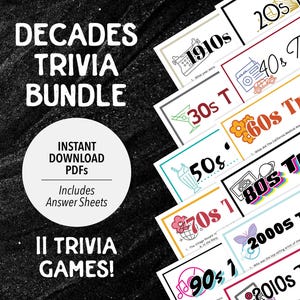 Decades Trivia Bundle | Trivia Bundle | Decades Trivia Game | Printable Trivia | Party 1910s 20s 30s 40s 50s 60s 70s 80s 90s 2000s 2010s