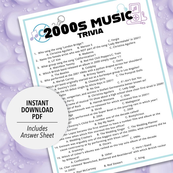 2000s Music Trivia | 2000s Music Trivia Game | Printable Music Trivia | 2000's Music Party Trivia Game | Decades Music Trivia