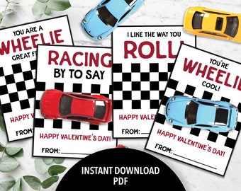 May include: Four printable Valentine's Day cards featuring a checkered background and toy cars. The cards have different messages, including "You are a Wheelie Great Friend", "Racing by to say Happy Valentine's Day", "I like the way you Roll", and "You're Wheelie Cool!"