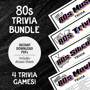80s Trivia Bundle | Trivia Bundle | Decades Trivia Game | Printable 1980s Decades Trivia | 80s Sitcom | 80s Movie | 80s Music | 80s Trivia