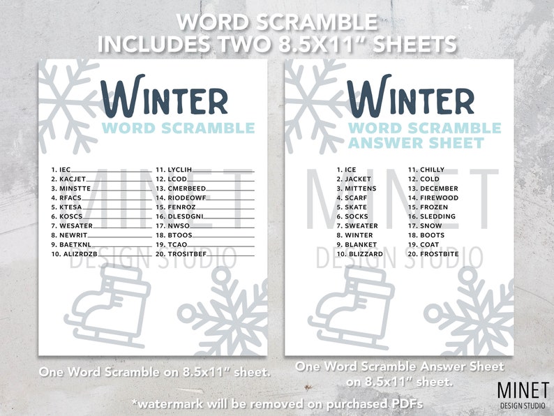 Winter Word Scramble Winter Printable Activity Game Word Scramble for