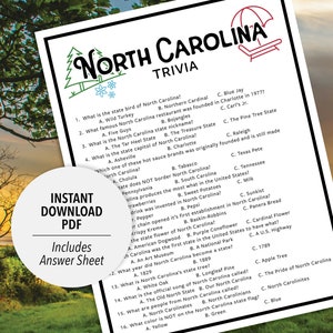 North Carolina Trivia | North Carolina Trivia Game | Printable North Carolina Trivia | United States Trivia | USA States Trivia | US Trivia