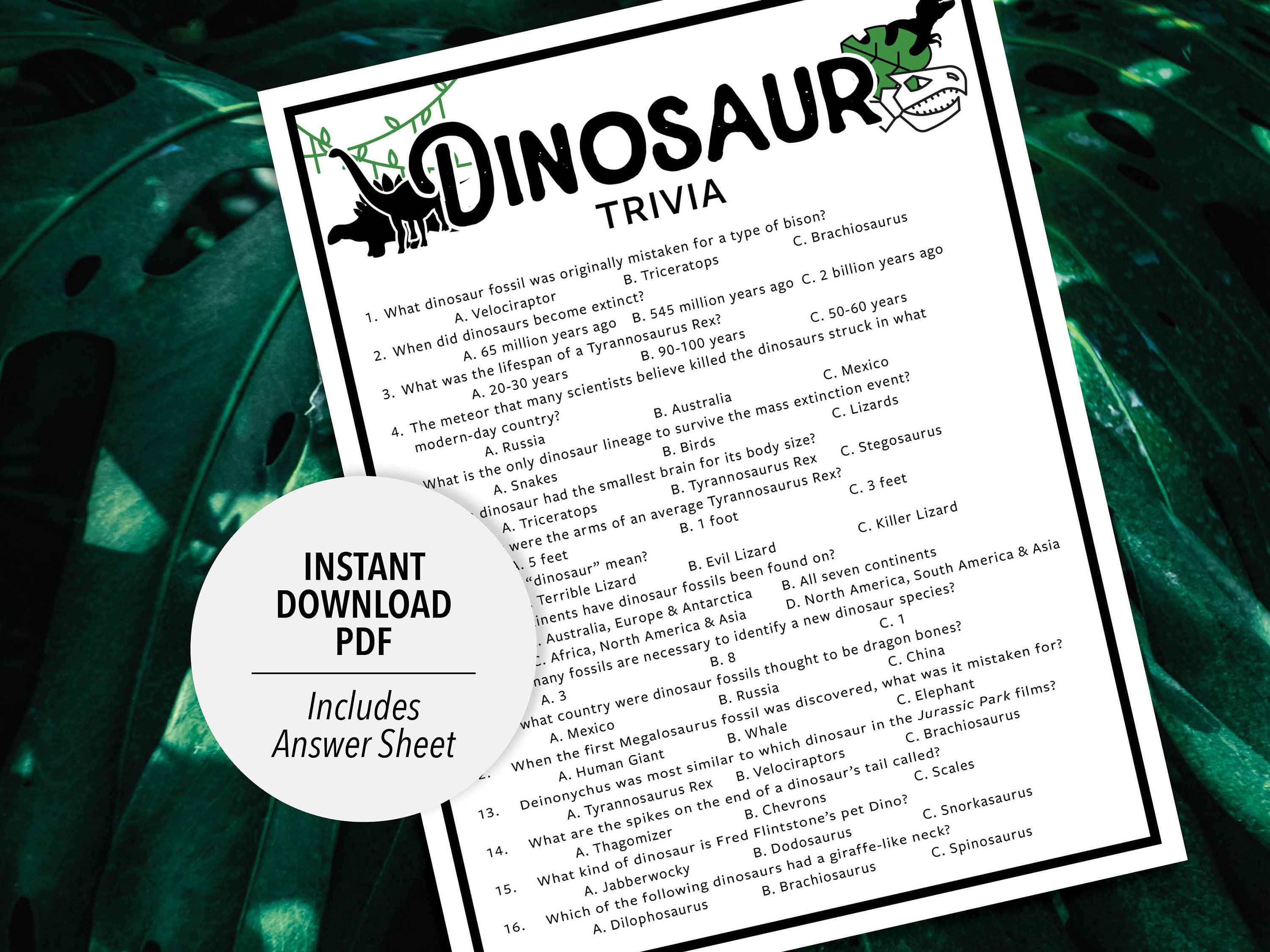 Dinosaur Trivia Dinosaurs Trivia Game Printable Dinosaur Trivia