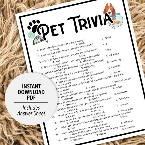 Pet Trivia | Pet Trivia Game | Printable Pet Trivia | Pets Trivia Game | Printable Trivia | Animal Trivia | Dog | Cat | Animal Themed Trivia