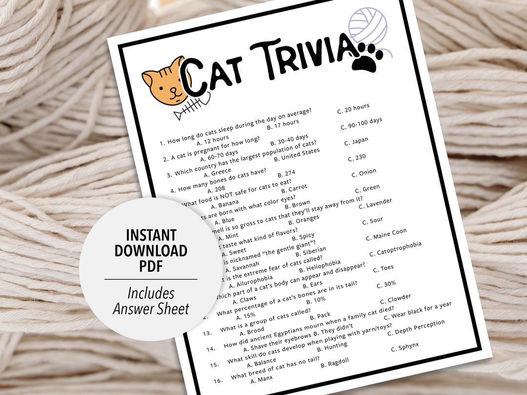 Cat Trivia Cat Trivia Game Printable Cat Trivia Pets Trivia Game