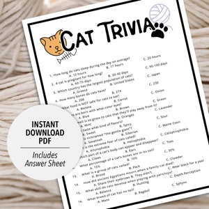 May include: A printable cat trivia game with 16 questions and multiple choice answers. The game includes an answer sheet and is available for instant download as a PDF. The image shows a cat cartoon and a ball of yarn.