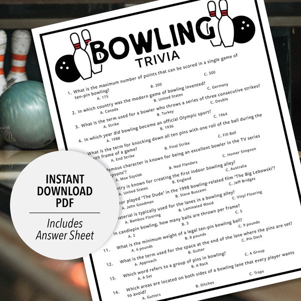 Bowling Trivia | Printable Bowling Trivia Game | Bowling Themed Trivia Game | Sports Trivia | Party Trivia | Group Trivia | Sports Themed