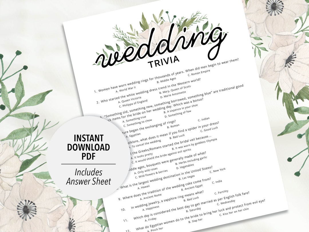 Wedding Trivia Quiz Game Printable Wedding Trivia Bridal Etsy