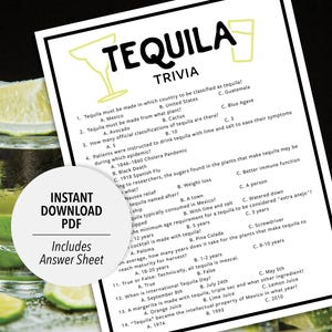 Tequila Trivia | Tequila Trivia Game | Printable Tequila Trivia | Printable Trivia | Tequila Themed Trivia | Alcohol Themed Games | Drink