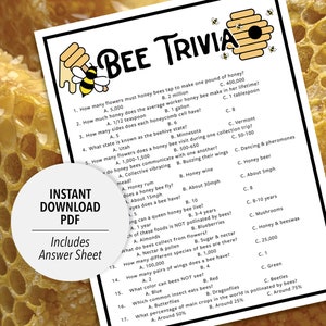 Bee Trivia | Bee Trivia Game | Printable Bee Trivia | Printable Trivia | Honey Bee Trivia | Animal Themed Games | Bug Themed Games Printable