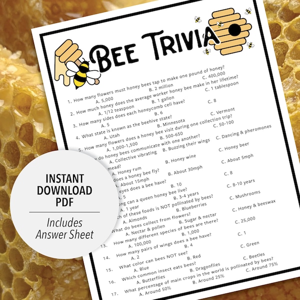 Bee Trivia | Bee Trivia Game | Printable Bee Trivia | Printable Trivia | Honey Bee Trivia | Animal Themed Games | Bug Themed Games Printable