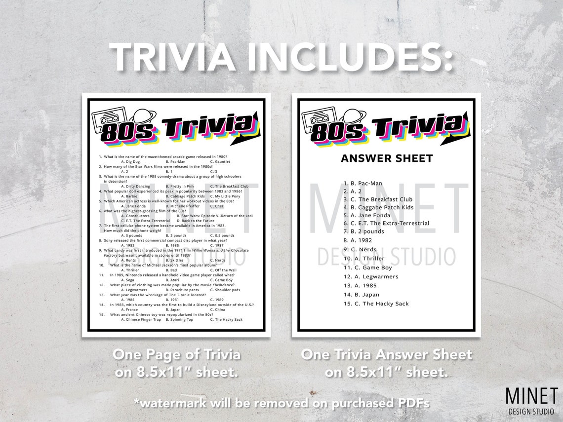 80s Trivia Printable 80s Trivia 80's Party Trivia Game - Etsy