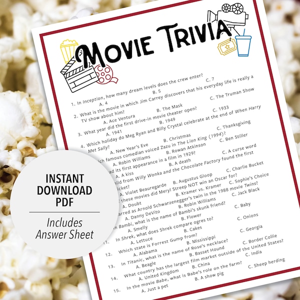 Movie Trivia | Movie Trivia Game | Printable Movie Trivia | Movie Party Trivia Game | Printable Trivia | General Movie Trivia