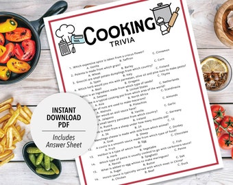 May include: A printable cooking trivia game with 16 questions and multiple choice answers. The game is designed to test your knowledge of food and cooking. The game is available for instant download as a PDF file and includes an answer sheet.