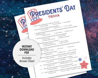 Presidents' Day Trivia | Presidents Day Trivia Game | Printable Trivia | USA Party Trivia Game | Printable Trivia | USA Patriotic Game