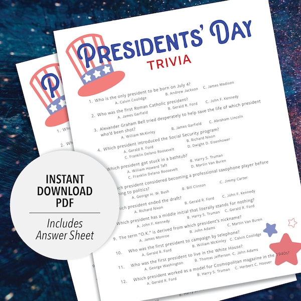 Presidents' Day Trivia | Presidents Day Trivia Game | Printable Trivia | USA Party Trivia Game | Printable Trivia | USA Patriotic Game