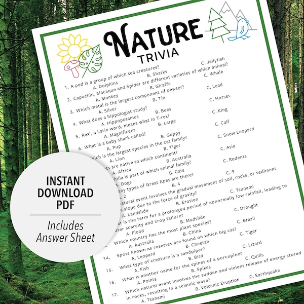 Nature Trivia | Nature Trivia Game | Printable Nature Trivia | Nature Party Trivia Game | Printable Trivia | Animal Trivia | Nature Theme