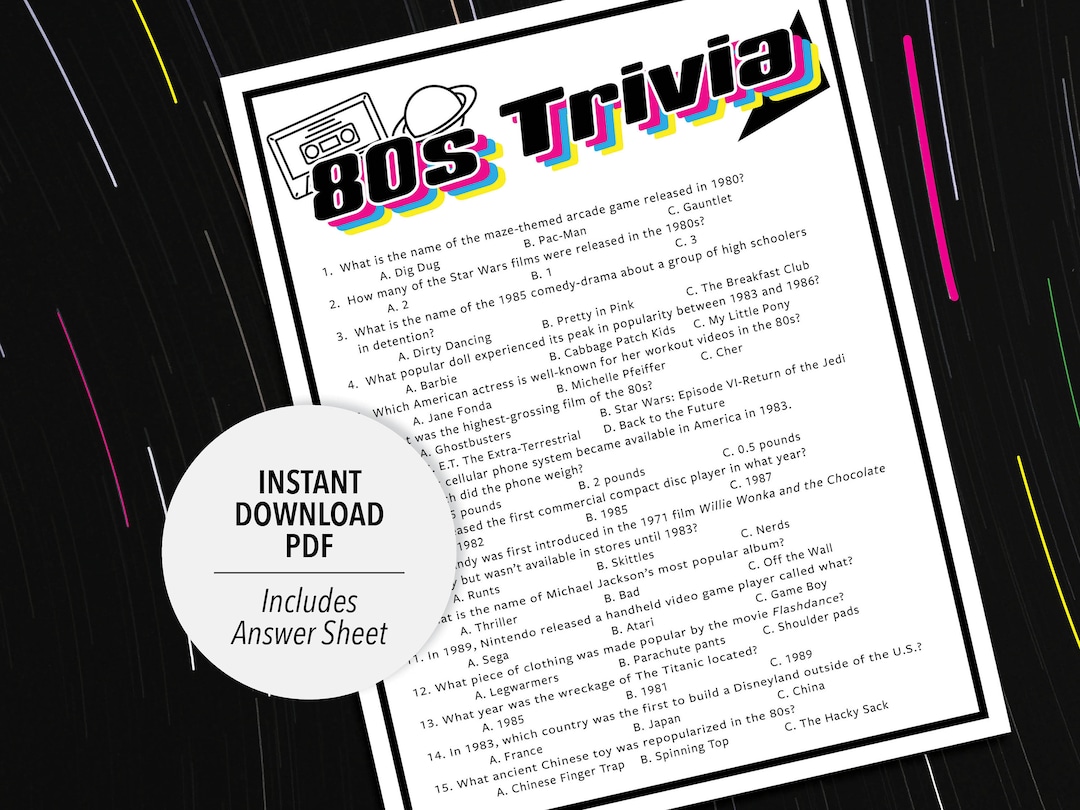 80s Trivia | Printable 80s Trivia | 80's Party Trivia Game | Printable ...
