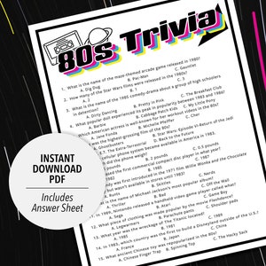 80s Trivia | Printable 80s Trivia | 80&#39;s Party Trivia Game | Printable Trivia | Decades Trivia | 1980s Theme | Group Trivia | 80s Theme