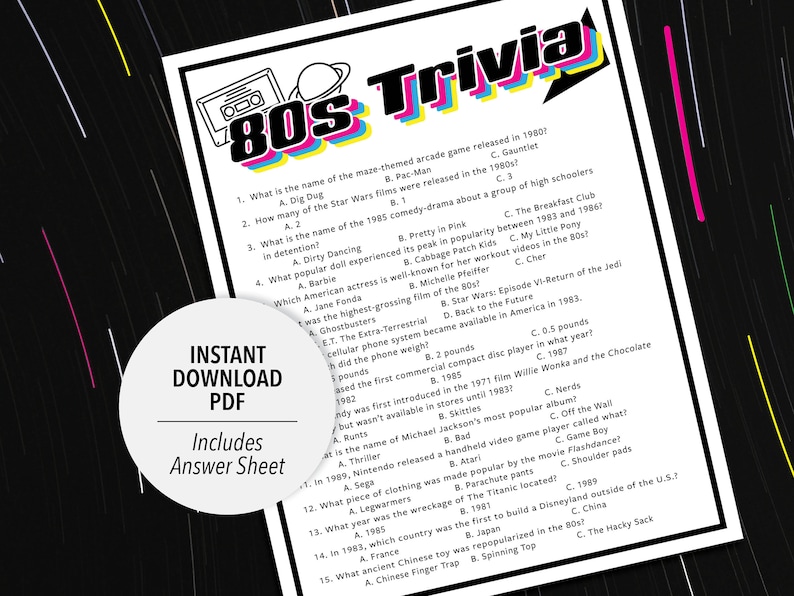 80s Trivia | Printable 80s Trivia | 80's Party Trivia Game | Printable ...