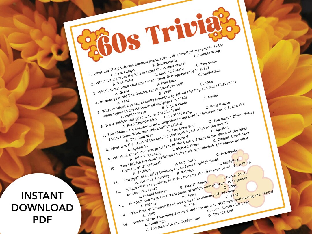 60s Trivia 1960s Trivia Game Printable 60s Trivia - Etsy