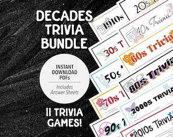 Decades Trivia Game Bundle | 1910s-2010s Trivia (Printable PDF Download)