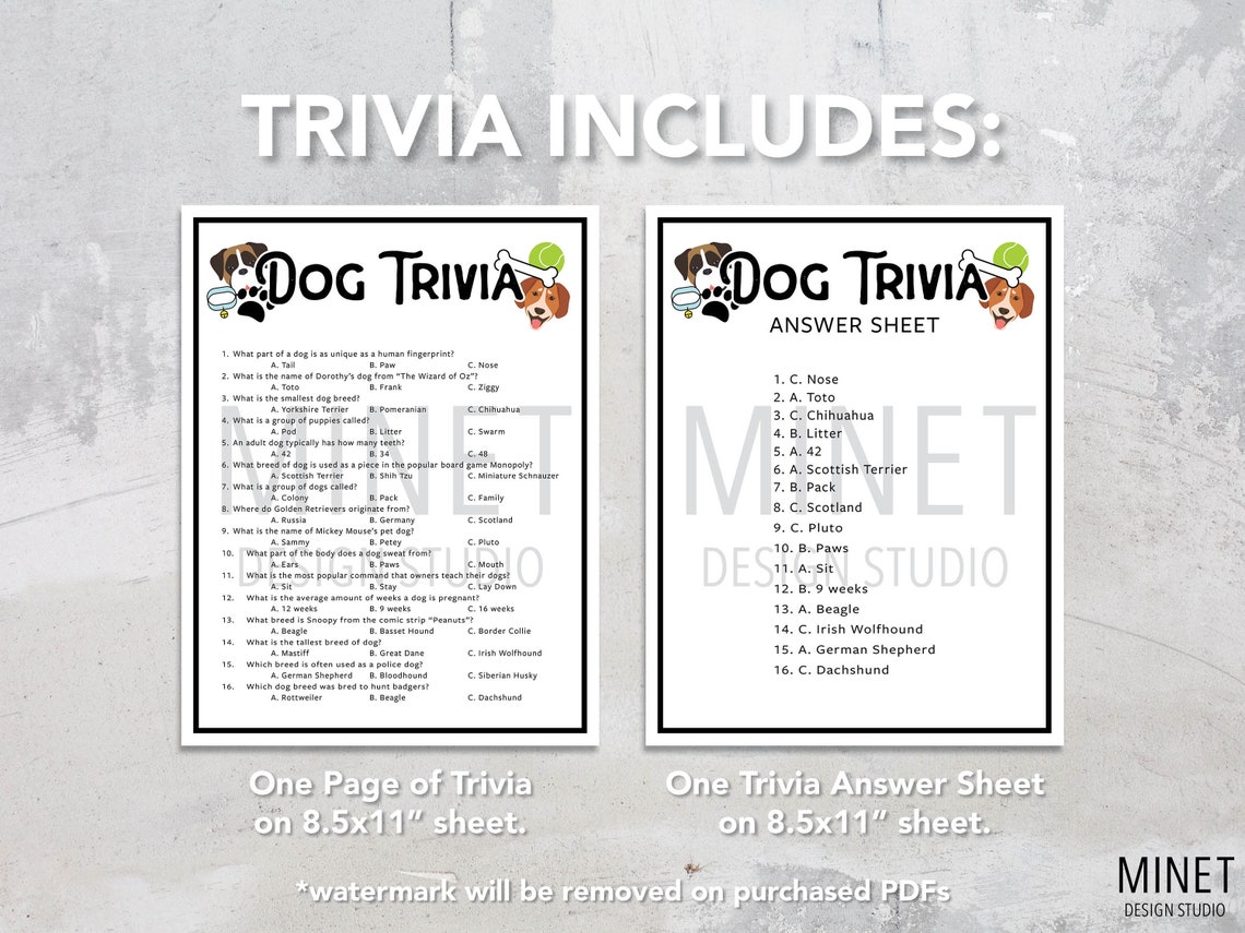Dog Trivia Dog Trivia Game Printable Dog Trivia Pets Trivia Game