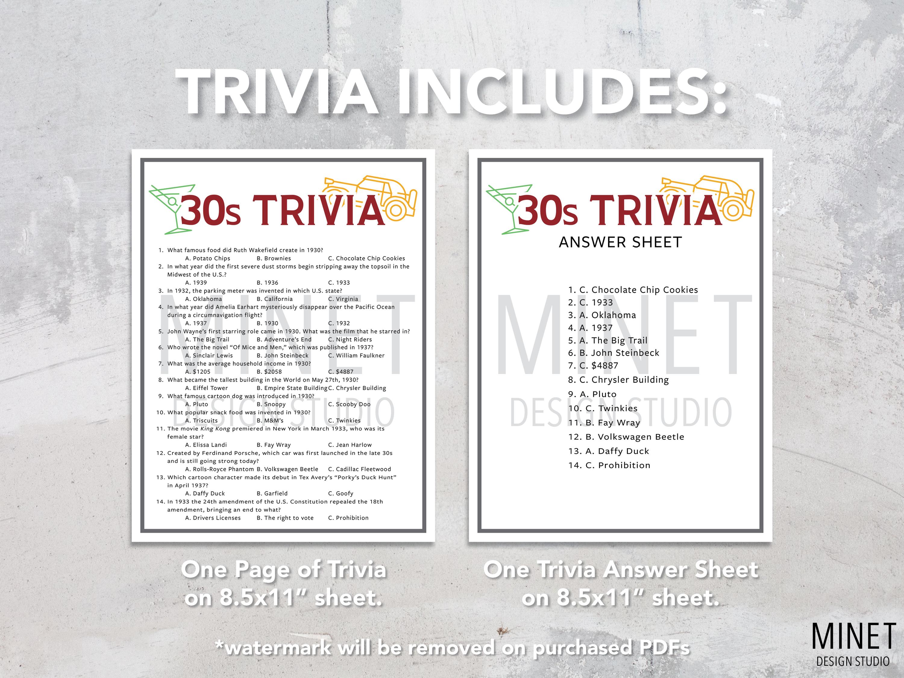 30s Trivia | 1930s Trivia Game | Printable 30s Trivia | 30's Party ...