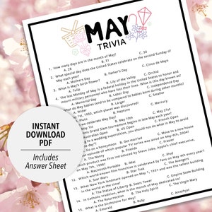 Könnte beinhalten: Ein druckbares May-Quiz mit 15 Fragen und Multiple-Choice-Antworten. Das Spiel ist mit einem Blumenkorb und einem Drachen verziert.