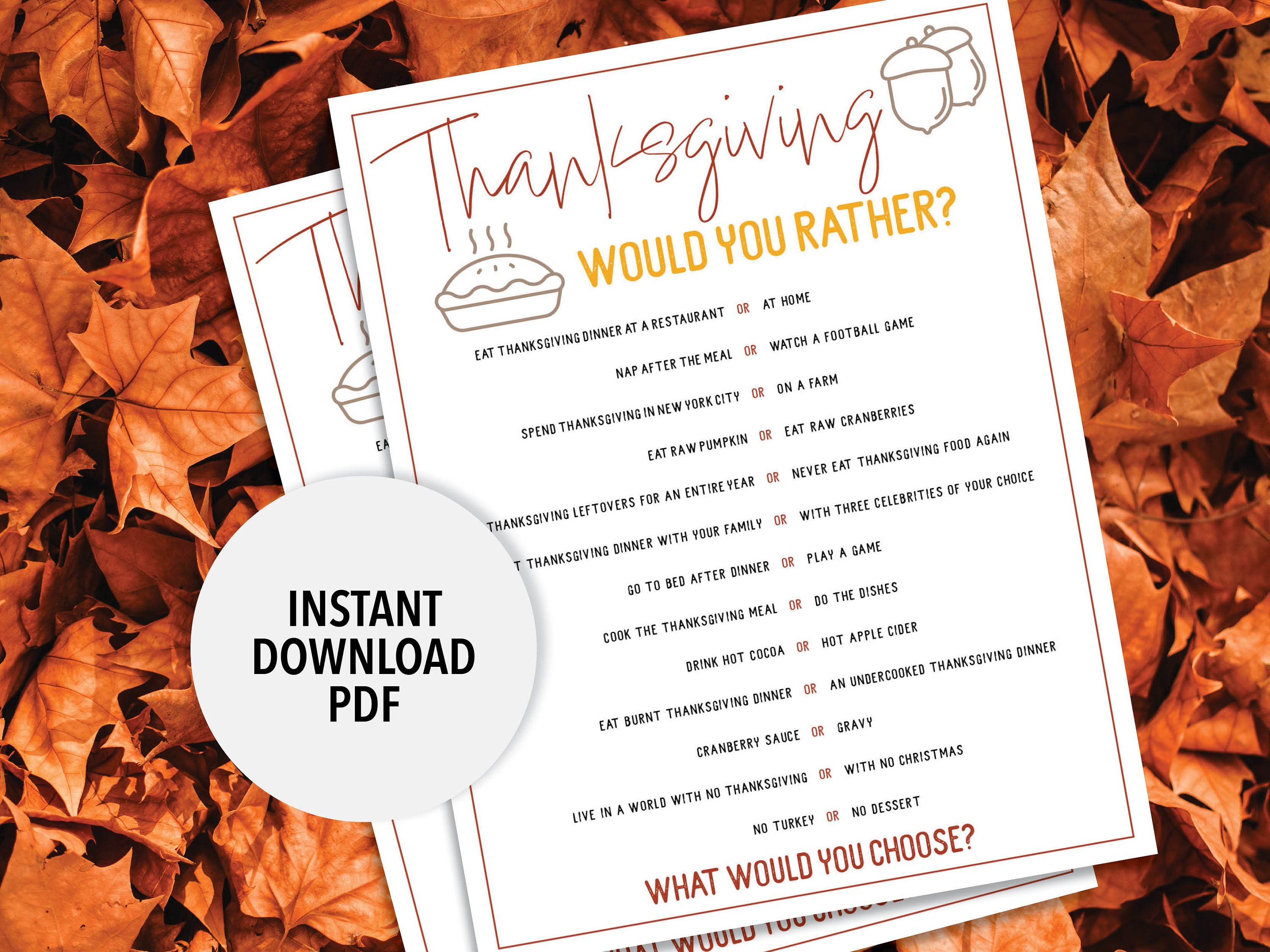 Thanksgiving Would You Rather Game Thanksgiving Printable Game