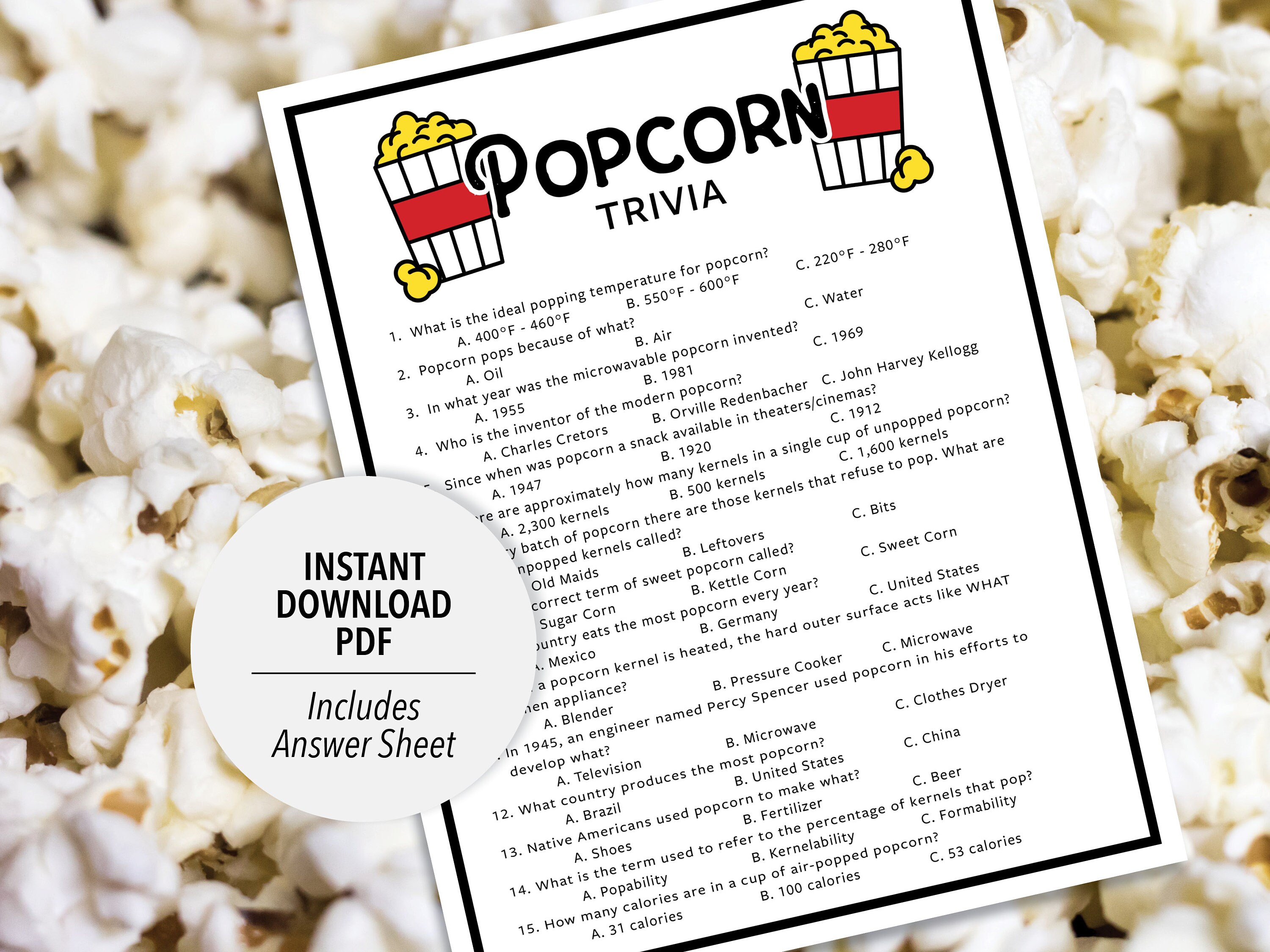 Popcorn Trivia Game Popcorn Quiz printable PDF Download Etsy