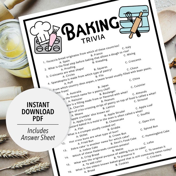 Baking Trivia | Baking Trivia Game | Printable Baking Trivia | Printable Trivia | Food Trivia | Kitchen Trivia | Baking Themed | Dessert