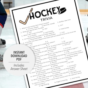 May include: A printable hockey trivia game with 16 questions and answers. The game is designed to test your knowledge of hockey rules, history, and terminology. The game is perfect for hockey fans of all ages.
