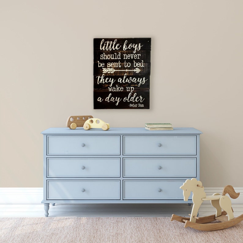 Peter Pan Quote Little Boys Should Never Be Sent To Bed Sign Boy Baby Shower Gift Tribal Nursery Rustic Nursery Decor