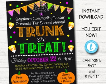 editable trunk or treat flyer invitation printable halloween etsy