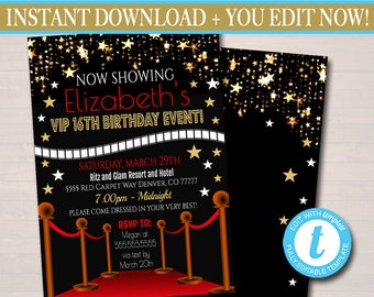 editable red carpet ticket invitation hollywood movie party etsy