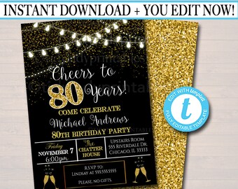 printable 80th birthday invitations etsy