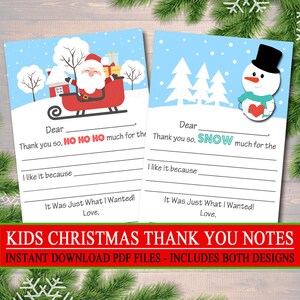 Tarjetas de agradecimiento de Navidad para niños, DESCARGA INSTANTE, Relleno imprimible en las notas de Navidad en blanco, Carta de Navidad Santa, Muchas gracias nieve