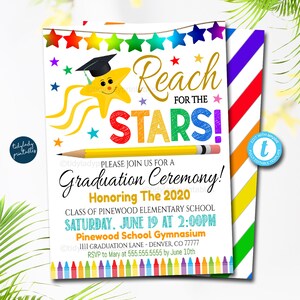 Kindergarten Graduierung Einladung, Vorschule Pre K Abschlussfeier einladen, Reach For the Stars, You're a Star Rainbow EDITIERBARE VORLAGE