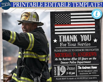 Puede incluir: Una plantilla de invitación imprimible para una fiesta de jubilación de bombero. La invitación presenta una foto de un bombero con uniforme, una bandera estadounidense con una franja roja y el texto "Gracias por su servicio". La invitación también incluye el nombre del bombero jubilado, la fecha y la hora de la fiesta, y la ubicación.