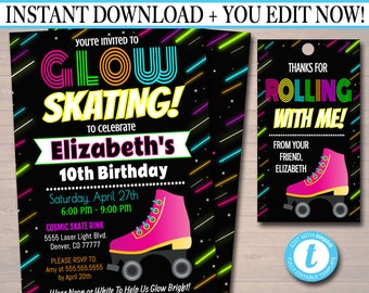 May include: Glow in the dark birthday party invitation with neon pink roller skate graphic. The invitation says "You're invited to Glow Skating! To celebrate Elizabeth's 10th Birthday. Saturday, April 27th 6:00 PM - 9:00 PM. Cosmic Skate Rink 5555 Laser Light Blvd. Denver, CO 77777. Please RSVP to: Amy at 555.555.5555 by April 20th. Wear Neon or White to Help Us Glow Bright!"