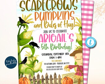 May include: A printable invitation for a 5th birthday party with a scarecrow, pumpkins, and corn theme. The invitation says "Scarecrows Pumpkins and Bales of Hay! Join us to celebrate Abigail's 5th Birthday!"  The invitation is decorated with a scarecrow, pumpkins, corn, and black birds.