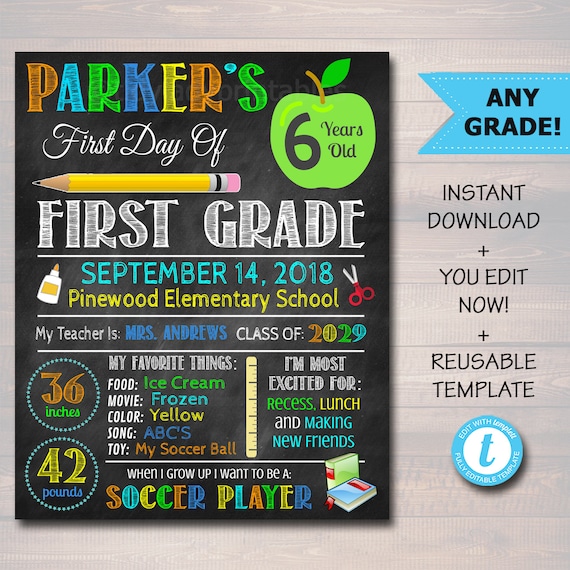 Back to School Sign, First Day of School Chalkboard Poster Personalized School Chalkboard Sign, Any Grade Sign, 1st Day of School, Editable Il_570xn